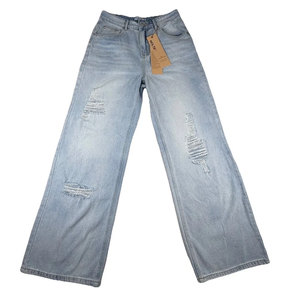 HDLTE Women's Small‎ Jeans High Rise Baggy Wide Leg Boyfriend Y2K Denim-NWT